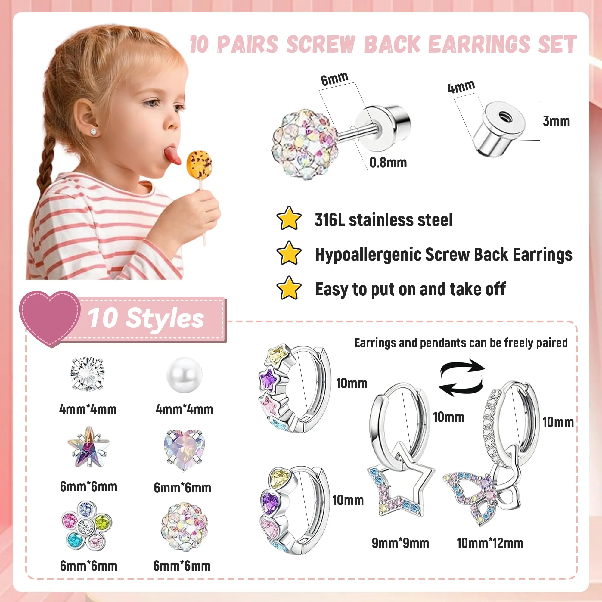 LOFITOR 10 Paia Orecchini a Vite Ipoallergenici, Acciaio Chirurgico, Piccoli Huggie, Pendenti CZ Stella Farfalla, Set Stud a Vite per Orecchie Sensibili Donne Ragazze Colore - immagine 3