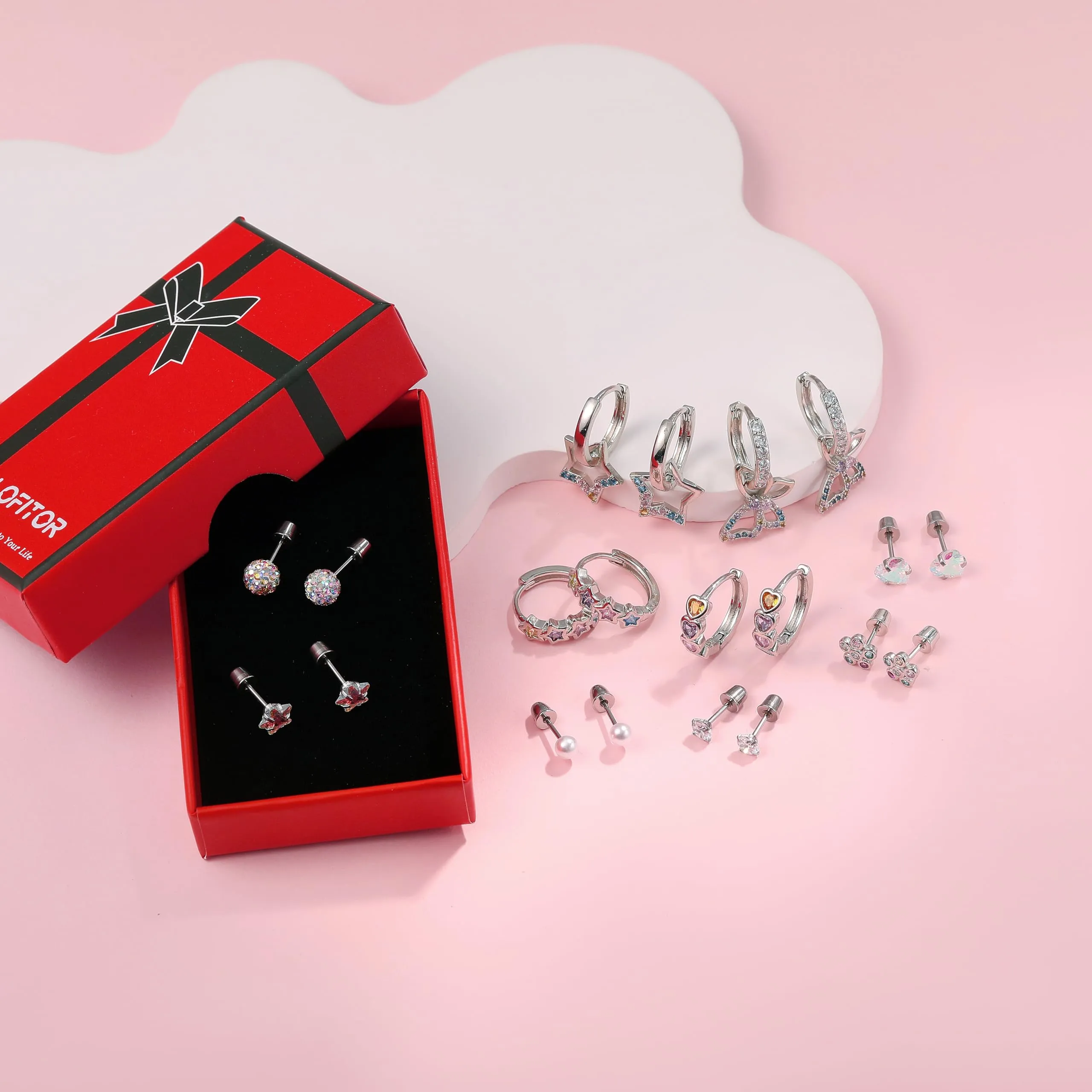 LOFITOR 10 Paia Orecchini a Vite Ipoallergenici, Acciaio Chirurgico, Piccoli Huggie, Pendenti CZ Stella Farfalla, Set Stud a Vite per Orecchie Sensibili Donne Ragazze Colore - immagine 6