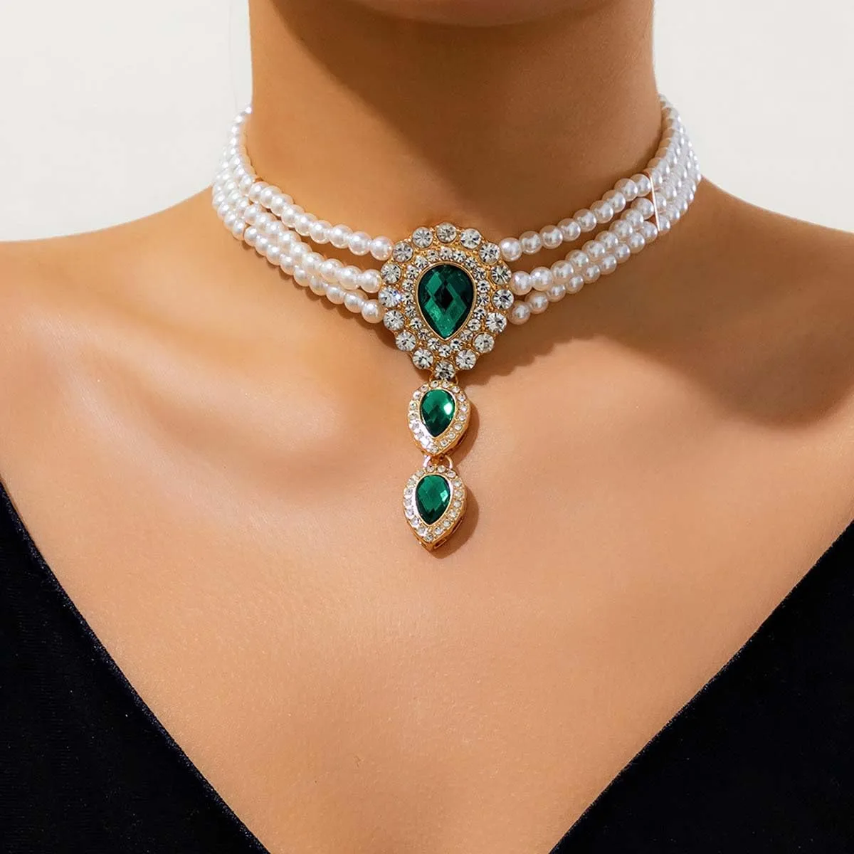 Carufin Retro Perla Collana Bracciali Sposa Collana Da Sposa Bracciali Collana Di Cristallo Gioielli Da Sposa Accessori per Le Donne Ragazze (Collana verde) - immagine 2
