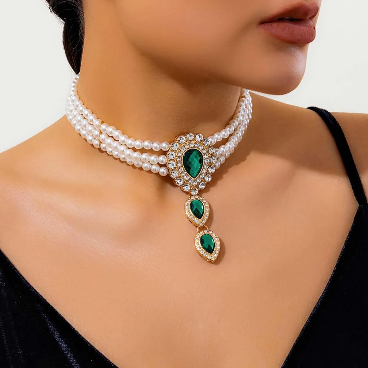 Carufin Retro Perla Collana Bracciali Sposa Collana Da Sposa Bracciali Collana Di Cristallo Gioielli Da Sposa Accessori per Le Donne Ragazze (Collana verde) - immagine 3
