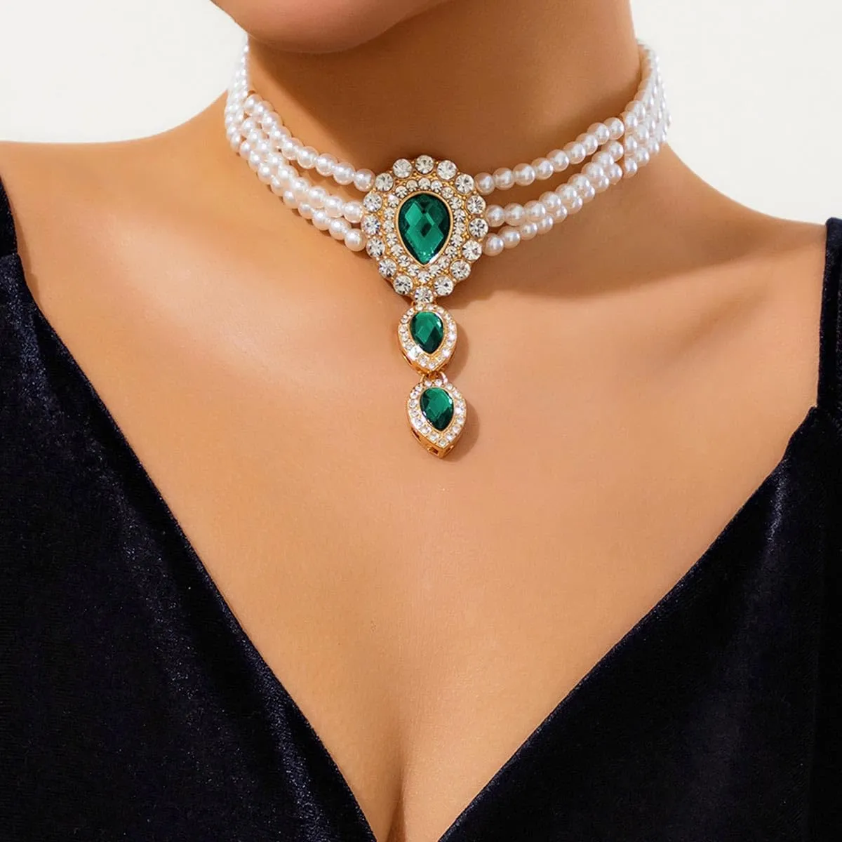 Carufin Retro Perla Collana Bracciali Sposa Collana Da Sposa Bracciali Collana Di Cristallo Gioielli Da Sposa Accessori per Le Donne Ragazze (Collana verde) - immagine 4