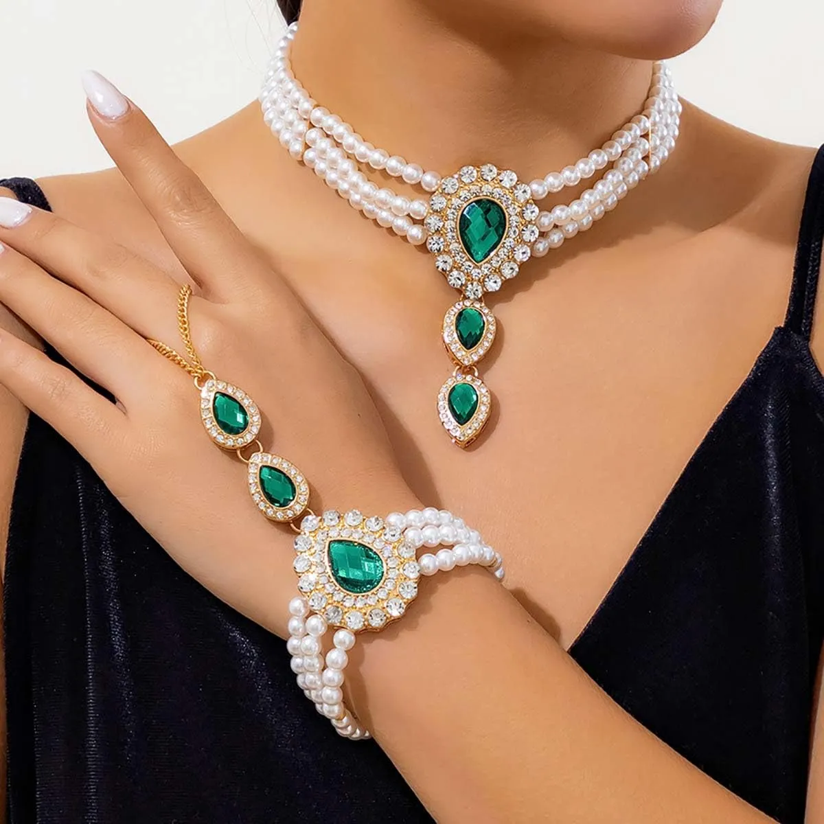 Carufin Retro Perla Collana Bracciali Sposa Collana Da Sposa Bracciali Collana Di Cristallo Gioielli Da Sposa Accessori per Le Donne Ragazze (Collana verde) - immagine 6