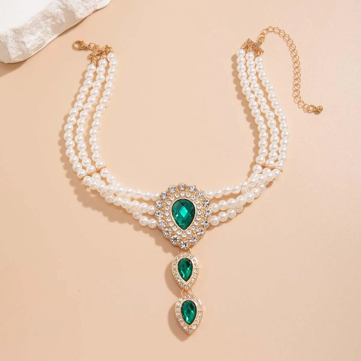 Carufin Retro Perla Collana Bracciali Sposa Collana Da Sposa Bracciali Collana Di Cristallo Gioielli Da Sposa Accessori per Le Donne Ragazze (Collana verde) - immagine 7