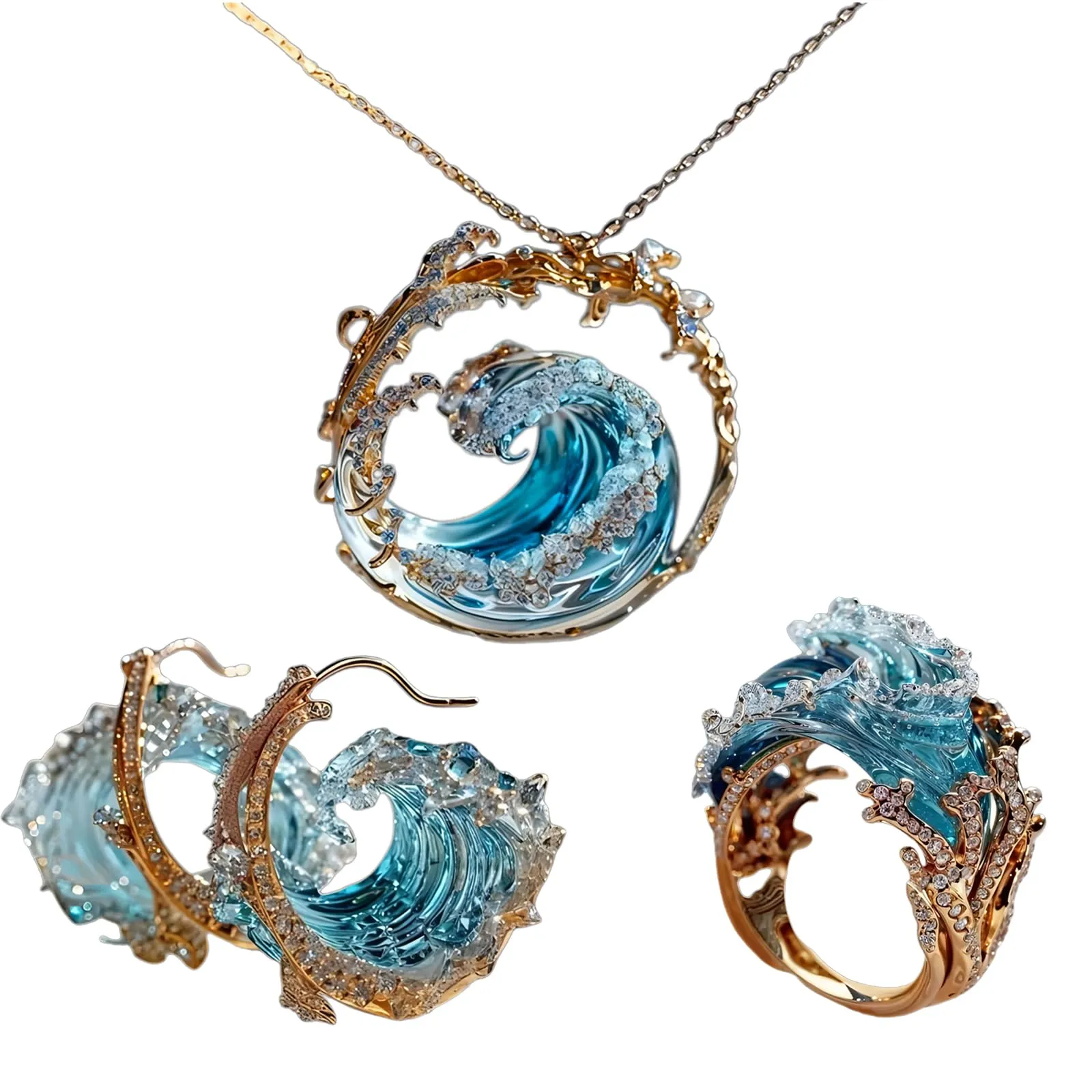 Slipasikao Set di Gioielli con Giuramento di Ocean'S, Set di Orecchini con Collana e Orecchini con Onda Blu dell'Oceano Boho, Regalo di Gioielli con Onde estive (Jewelry Set) - immagine 1