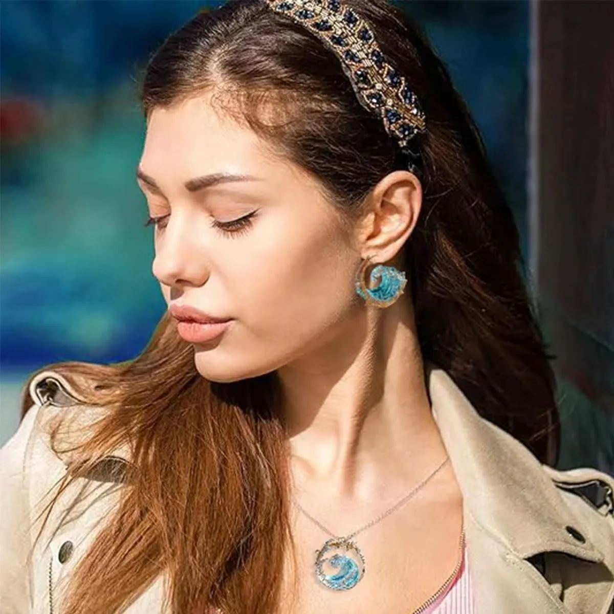 Slipasikao Set di Gioielli con Giuramento di Ocean'S, Set di Orecchini con Collana e Orecchini con Onda Blu dell'Oceano Boho, Regalo di Gioielli con Onde estive (Jewelry Set) - immagine 3