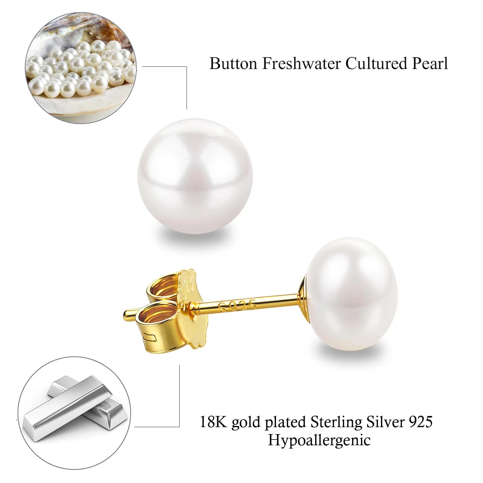 Orecchini con perle d'acqua dolce, in vero argento 925, 5 mm, 6 mm, 7 mm, 8 mm, 10 mm, orecchini con perle coltivate d'acqua dolce, Argento sterling, Nessuna pietra preziosa - immagine 4
