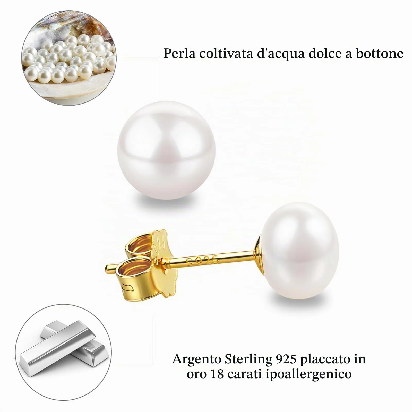 Orecchini con perle d'acqua dolce, in vero argento 925, 5 mm, 6 mm, 7 mm, 8 mm, 10 mm, orecchini con perle coltivate d'acqua dolce, Senza Gemstone - immagine 4