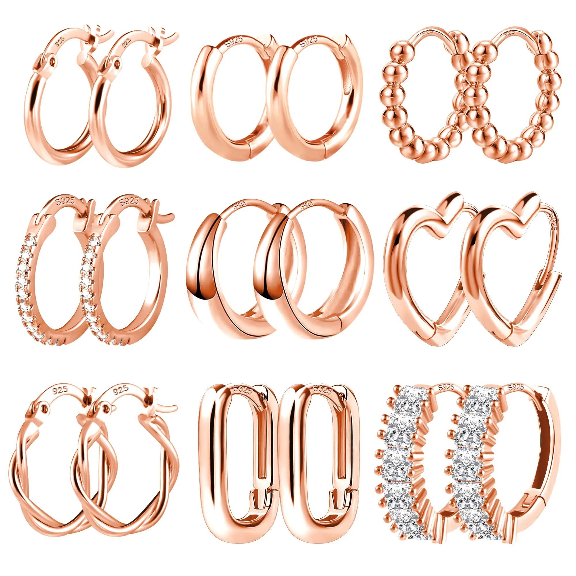 ALEXCRAFT Orecchini Cerchio Donna Oro Rosa Lucido e Zirconi Kit 9 Paia - immagine 1