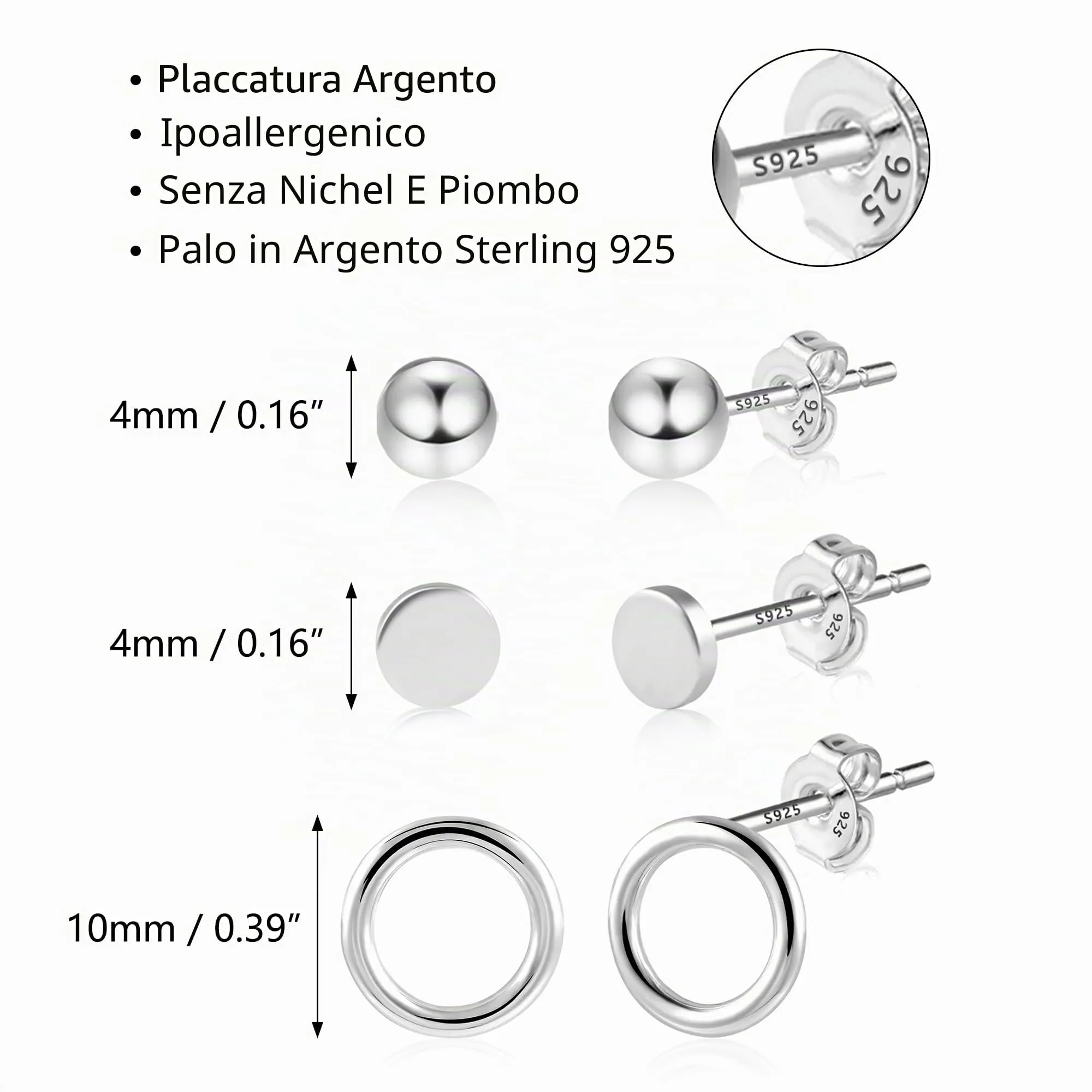 ALEXCRAFT 3 Paia Orecchini Donna Perno Argento Misti Gioielli - immagine 3