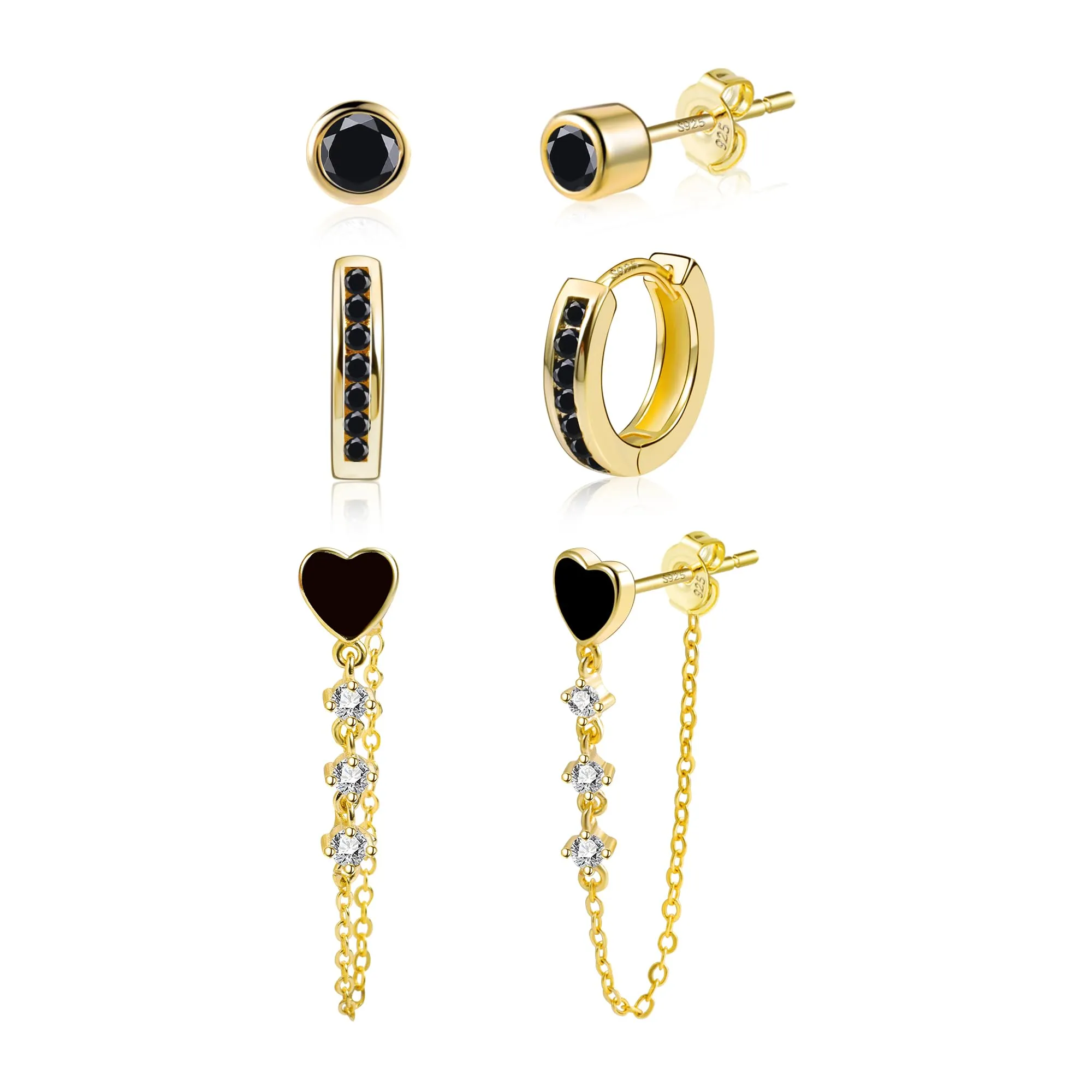 ALEXCRAFT Set 3 Paia Orecchini Donna Perno e Cerchio Oro 14K Nero Gioielli - immagine 1