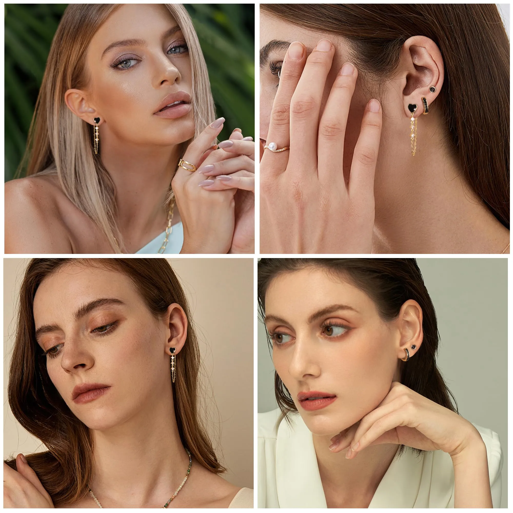 ALEXCRAFT Set 3 Paia Orecchini Donna Perno e Cerchio Oro 14K Nero Gioielli - immagine 3