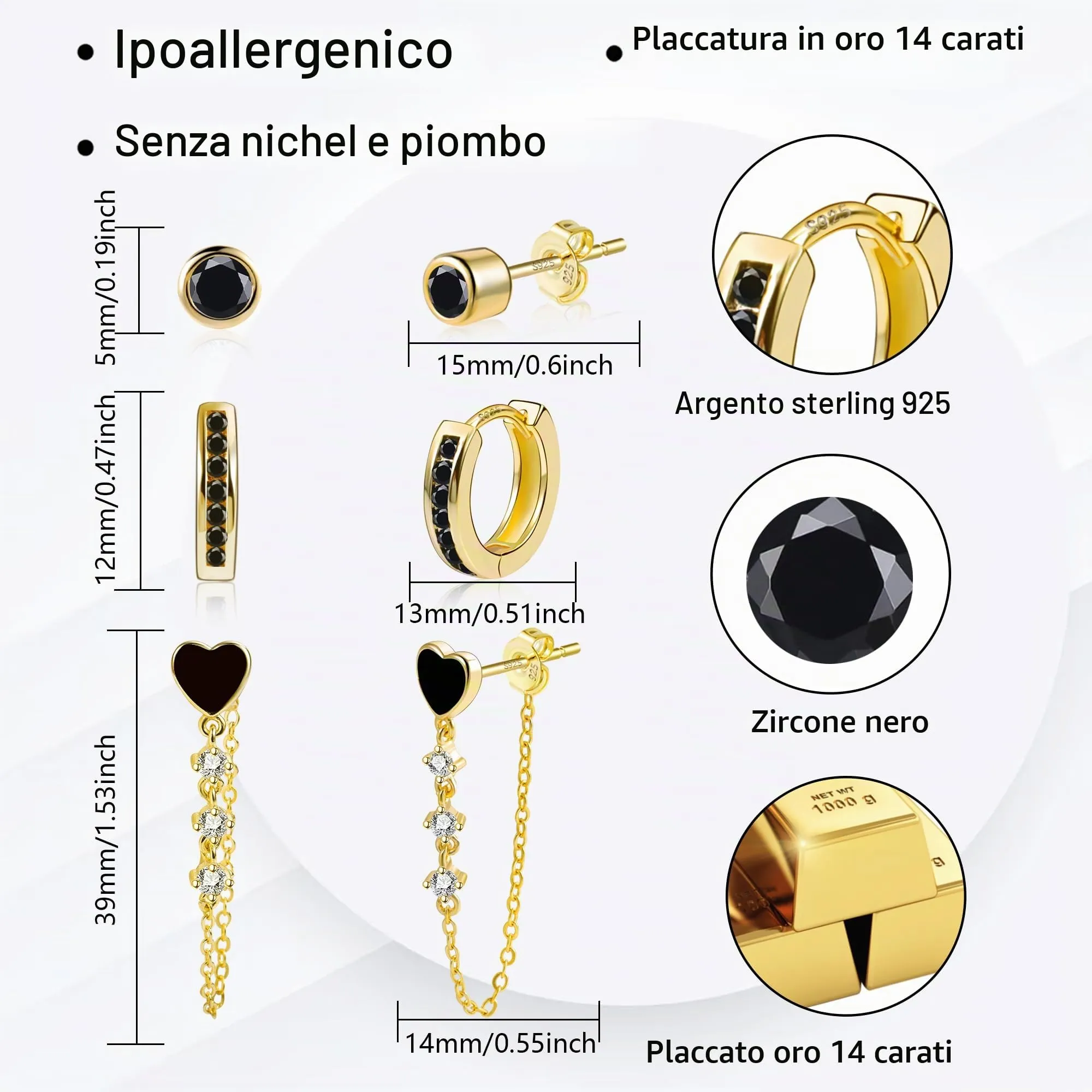 ALEXCRAFT Set 3 Paia Orecchini Donna Perno e Cerchio Oro 14K Nero Gioielli - immagine 5
