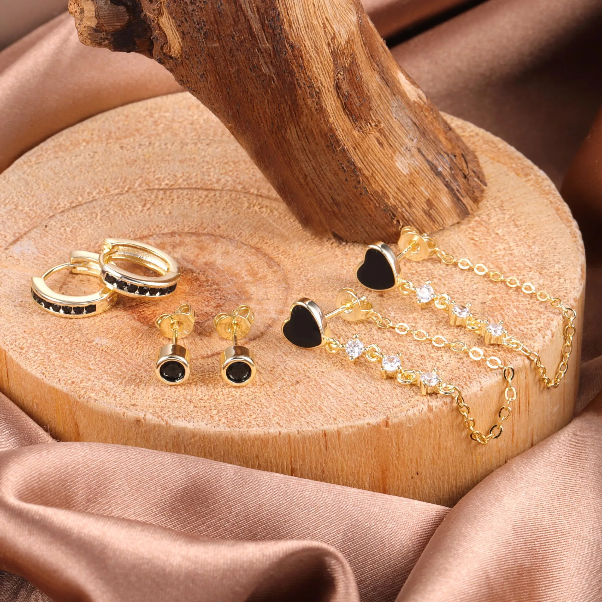 ALEXCRAFT Set 3 Paia Orecchini Donna Perno e Cerchio Oro 14K Nero Gioielli - immagine 6