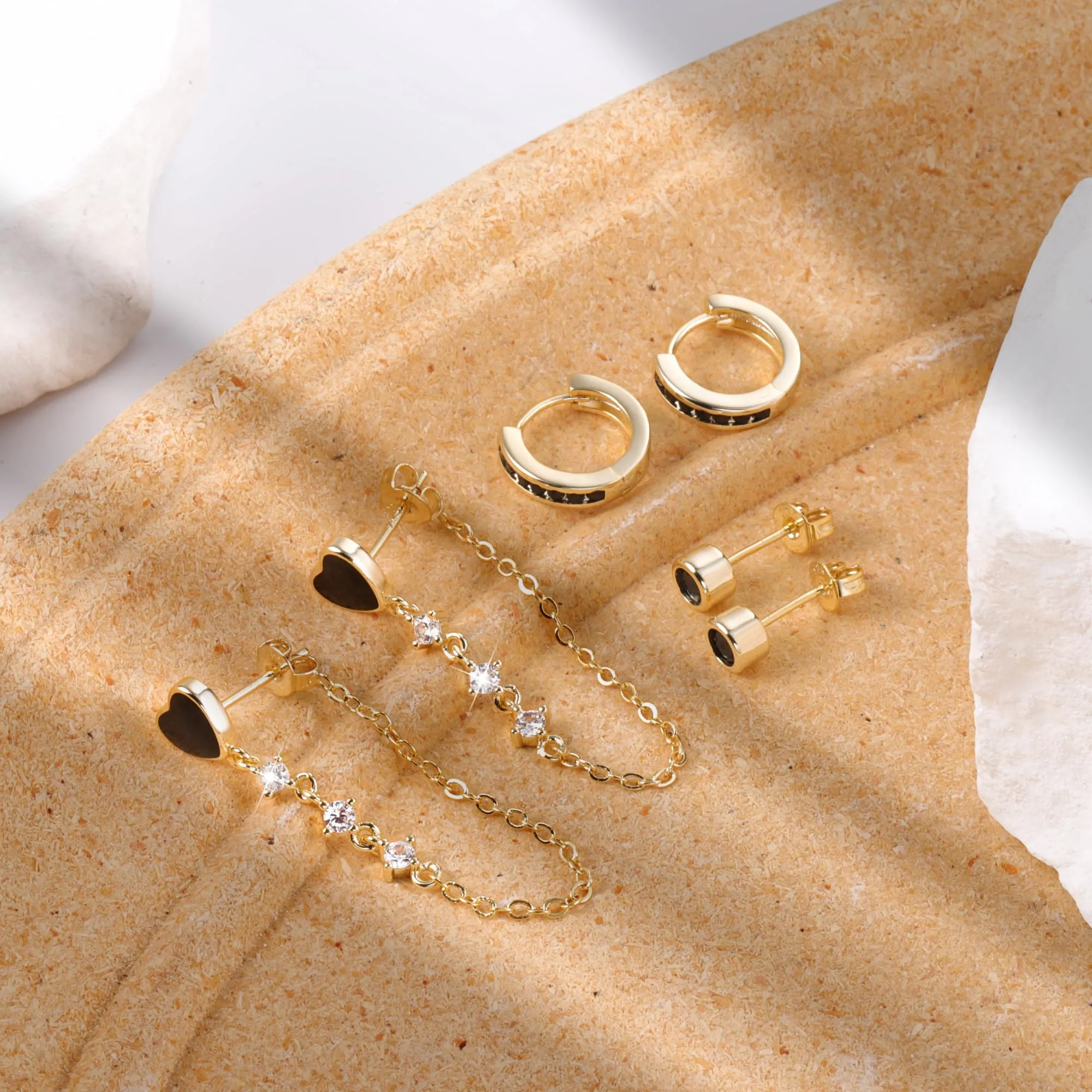 ALEXCRAFT Set 3 Paia Orecchini Donna Perno e Cerchio Oro 14K Nero Gioielli - immagine 7