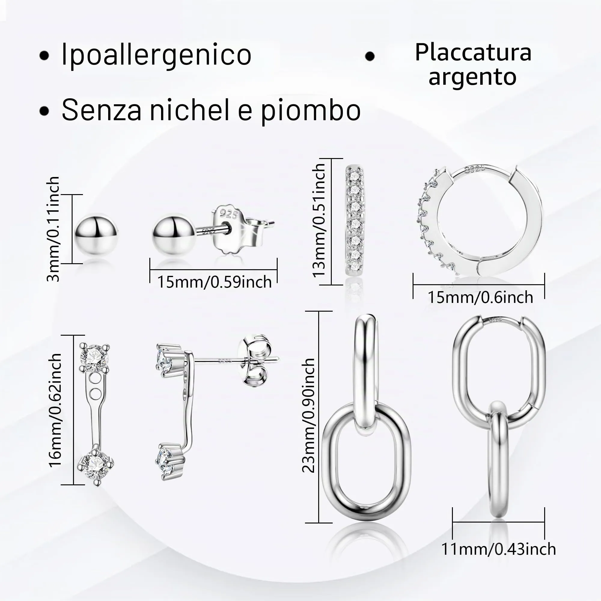 ALEXCRAFT 4 Paia Orecchini Donna Perno e Cerchio Argento Misti Gioielli - immagine 4