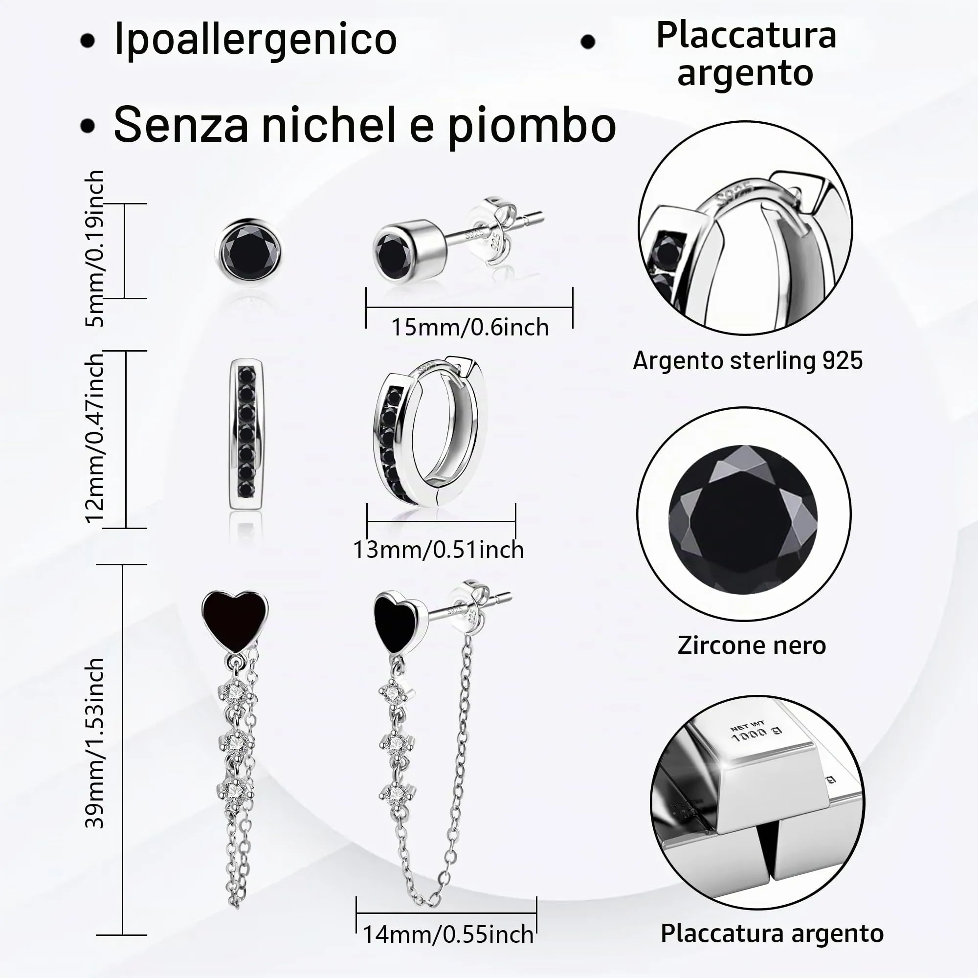 ALEXCRAFT Set 3 Paia Orecchini Donna Perno e Cerchio Argento Nero Gioielli - immagine 5