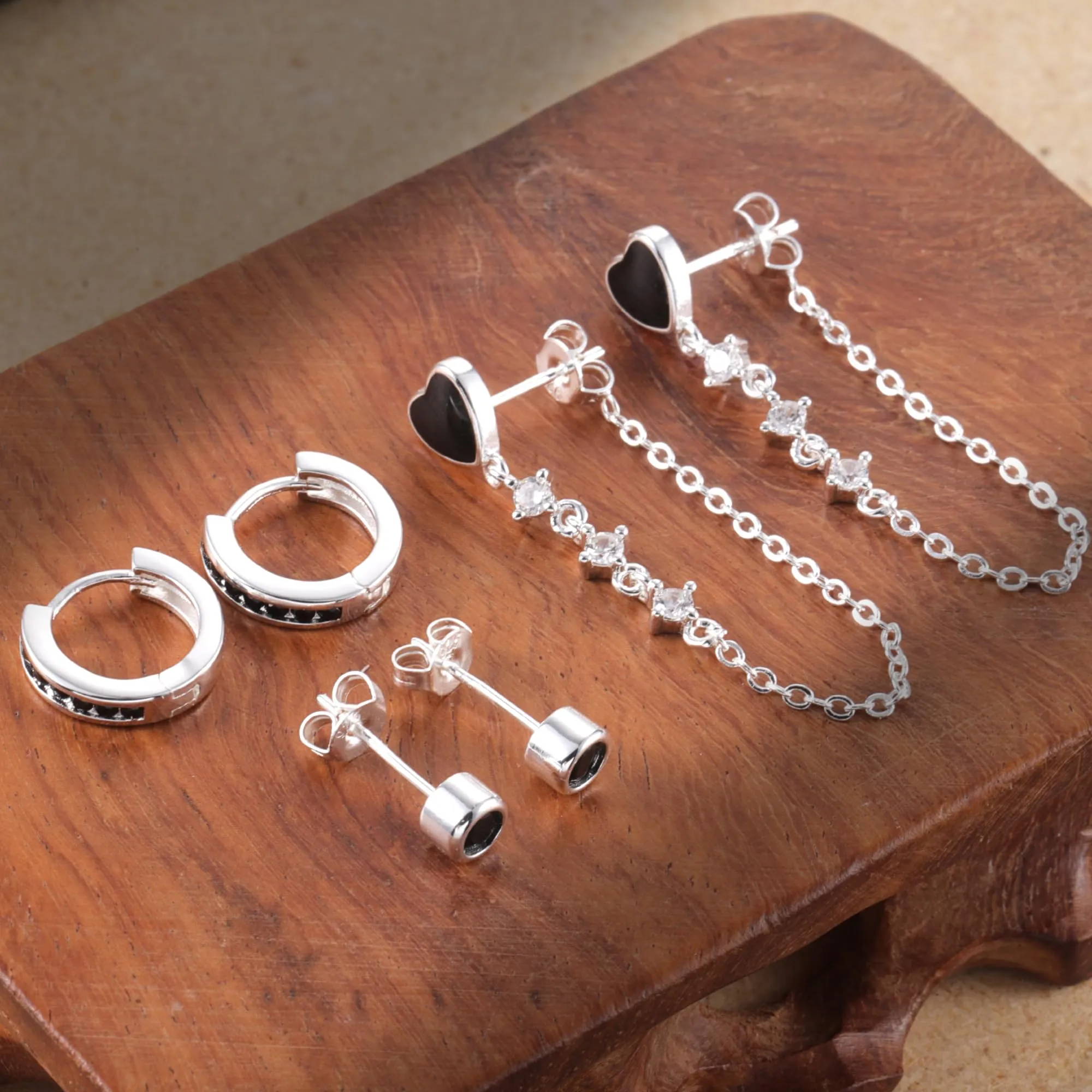 ALEXCRAFT Set 3 Paia Orecchini Donna Perno e Cerchio Argento Nero Gioielli - immagine 6