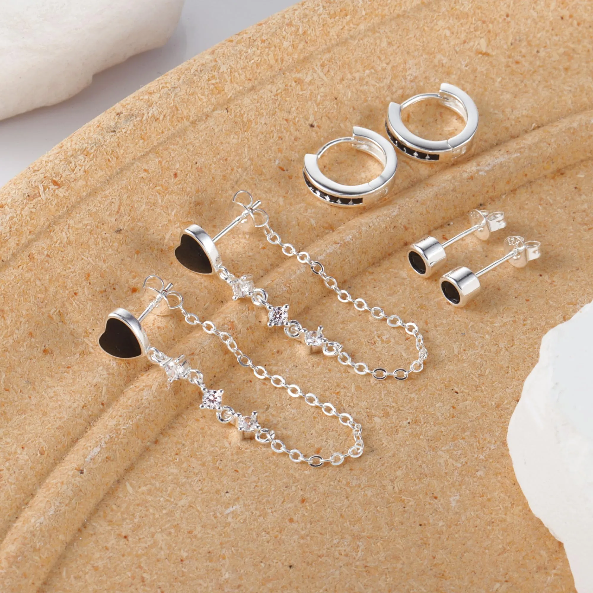 ALEXCRAFT Set 3 Paia Orecchini Donna Perno e Cerchio Argento Nero Gioielli - immagine 7
