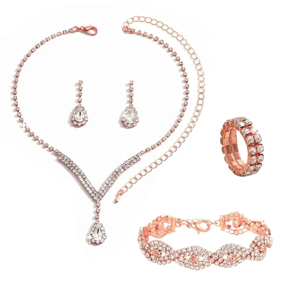 KBRPEY Parure Gioielli Set per Donna Collana con Pendente Orecchini Bracciali e Anelli Set da Gioielli Set per Prom per Ragazze (Oro rosa) - immagine 1