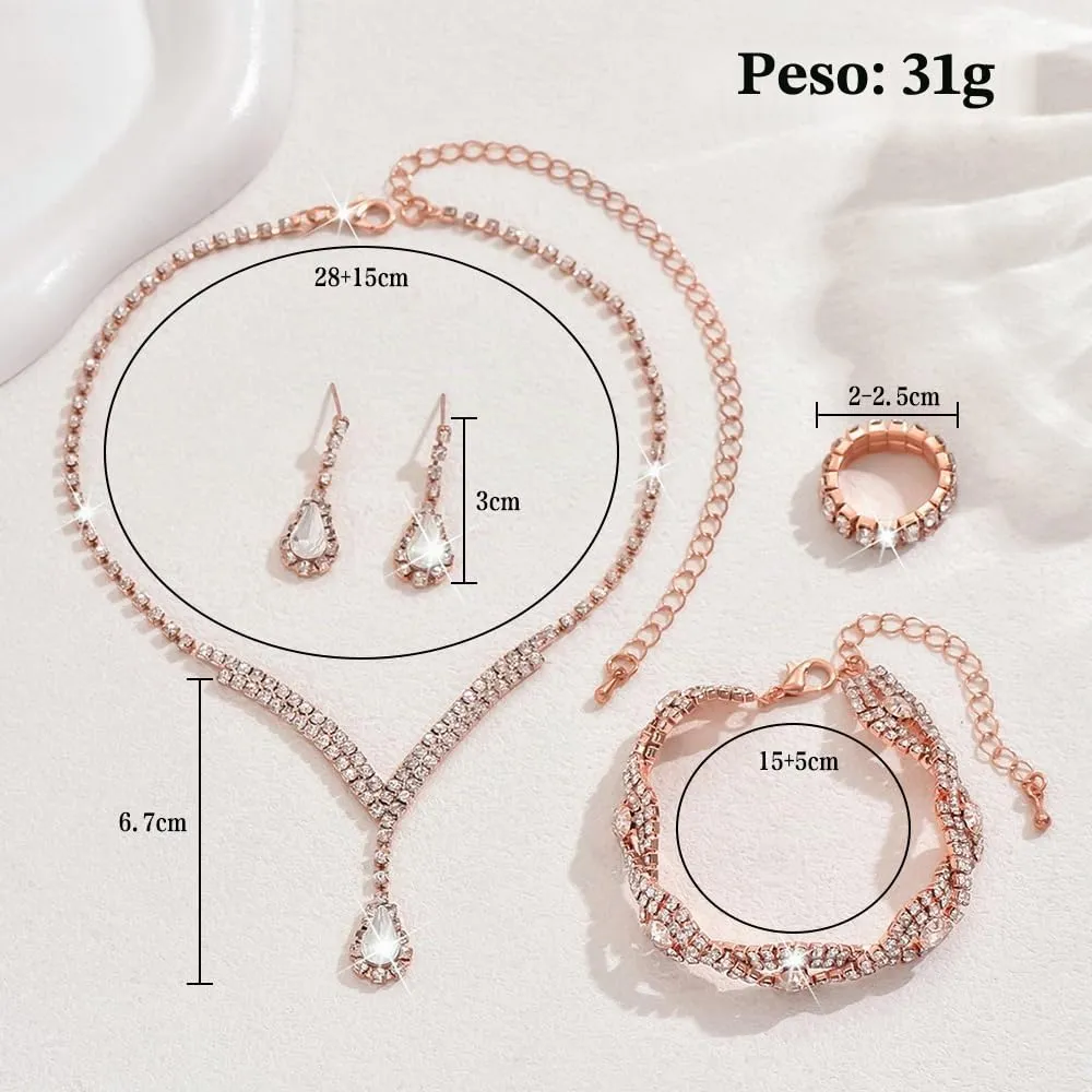 KBRPEY Parure Gioielli Set per Donna Collana con Pendente Orecchini Bracciali e Anelli Set da Gioielli Set per Prom per Ragazze (Oro rosa) - immagine 2