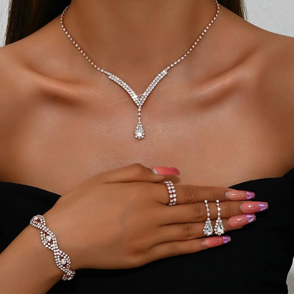 KBRPEY Parure Gioielli Set per Donna Collana con Pendente Orecchini Bracciali e Anelli Set da Gioielli Set per Prom per Ragazze (Oro rosa) - immagine 4