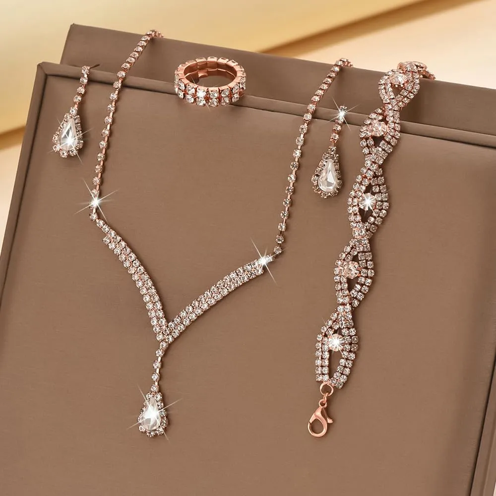 KBRPEY Parure Gioielli Set per Donna Collana con Pendente Orecchini Bracciali e Anelli Set da Gioielli Set per Prom per Ragazze (Oro rosa) - immagine 6