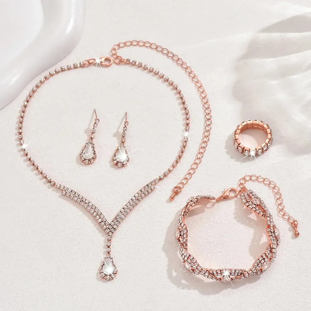 KBRPEY Parure Gioielli Set per Donna Collana con Pendente Orecchini Bracciali e Anelli Set da Gioielli Set per Prom per Ragazze (Oro rosa) - immagine 7