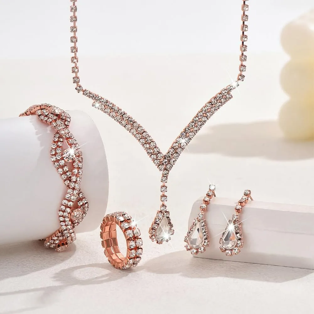 KBRPEY Parure Gioielli Set per Donna Collana con Pendente Orecchini Bracciali e Anelli Set da Gioielli Set per Prom per Ragazze (Oro rosa) - immagine 8