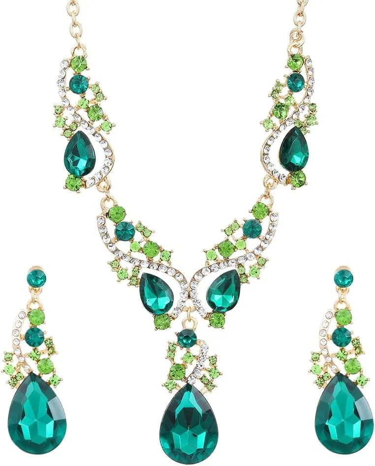 FDEETY Set di Gioielli Donna Elegante con Strass Verdi e Cristalli Collana e Orecchini Pendenti Perfetto per Occasioni Speciali e Serate di Gala - immagine 1