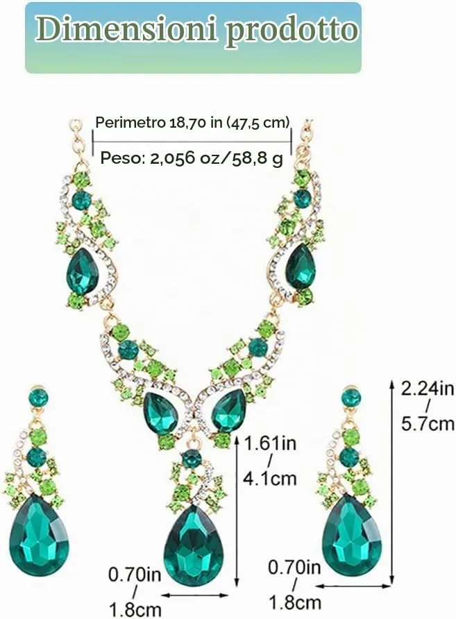 FDEETY Set di Gioielli Donna Elegante con Strass Verdi e Cristalli Collana e Orecchini Pendenti Perfetto per Occasioni Speciali e Serate di Gala - immagine 2