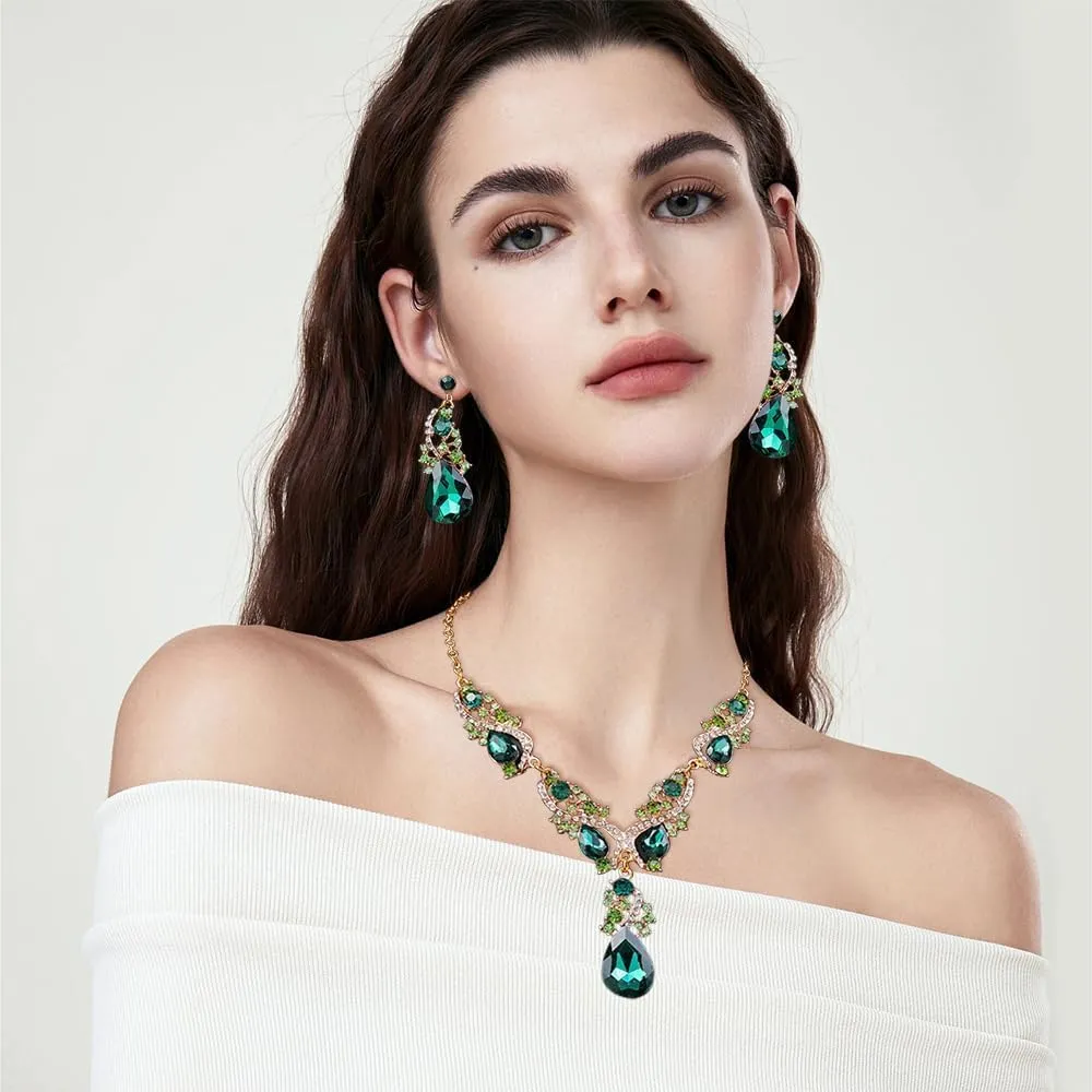 FDEETY Set di Gioielli Donna Elegante con Strass Verdi e Cristalli Collana e Orecchini Pendenti Perfetto per Occasioni Speciali e Serate di Gala - immagine 3