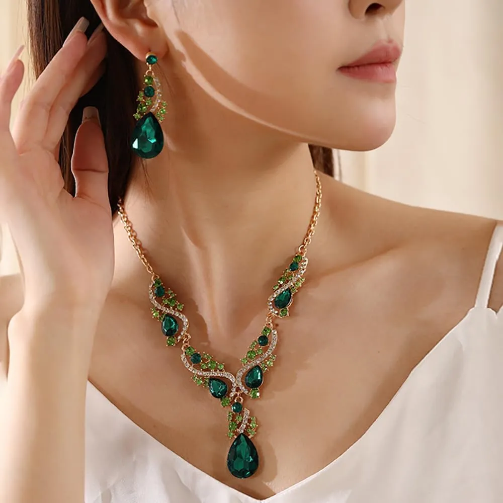 FDEETY Set di Gioielli Donna Elegante con Strass Verdi e Cristalli Collana e Orecchini Pendenti Perfetto per Occasioni Speciali e Serate di Gala - immagine 5