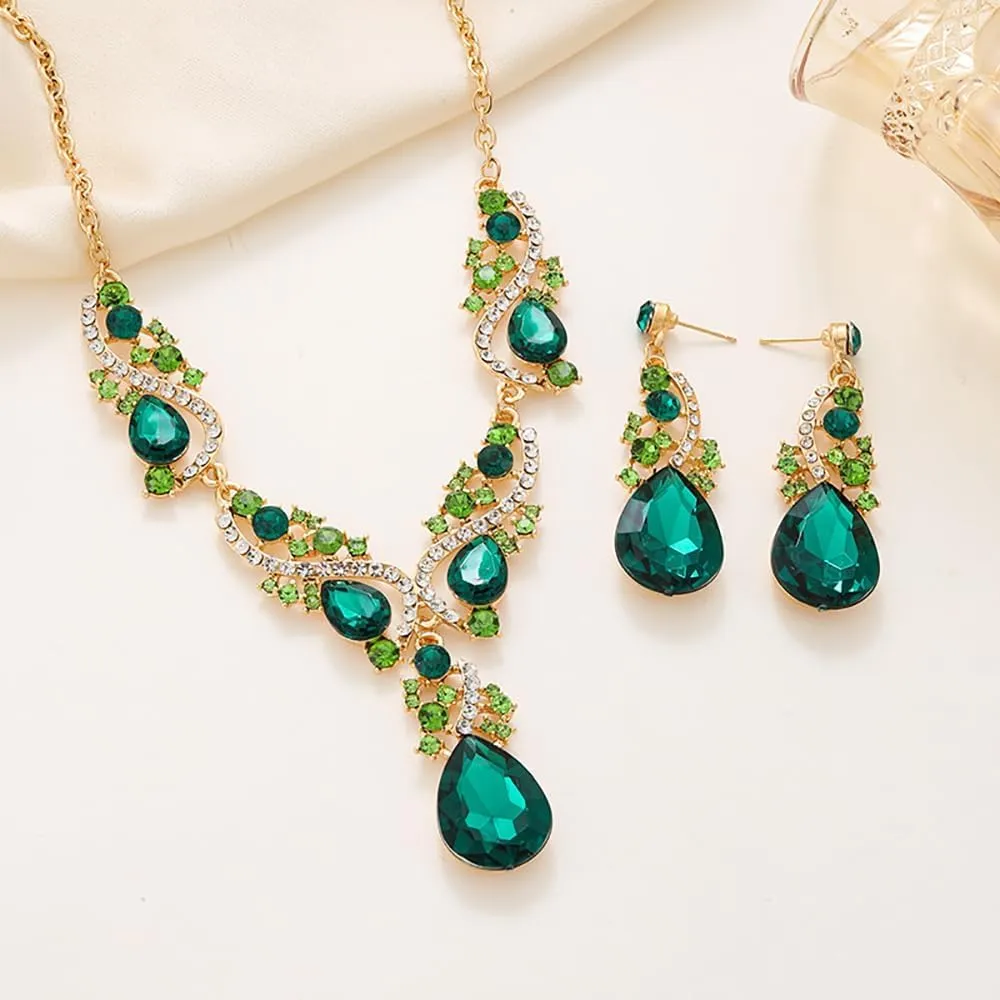 FDEETY Set di Gioielli Donna Elegante con Strass Verdi e Cristalli Collana e Orecchini Pendenti Perfetto per Occasioni Speciali e Serate di Gala - immagine 6