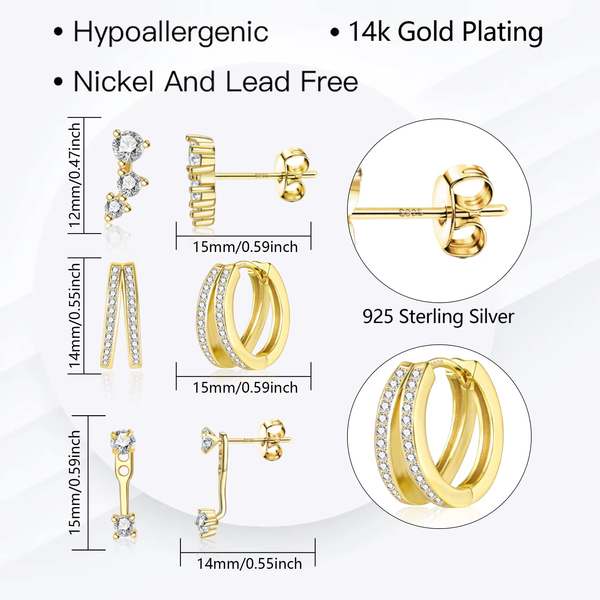 ALEXCRAFT Orecchino Multiplo Donna Oro 925 Post Set Orecchini Lobo Piercing Oro Tris Orecchini Oro Donna Helix Piercing Saliscendi Orecchini Secondo E Terzo Buco - immagine 5