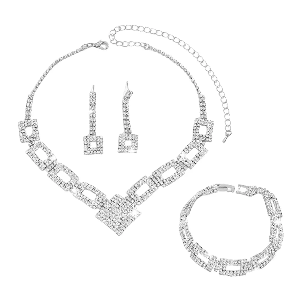 XFSRG Set di Gioielli Donna 3 Pezzi Parure Collana Orecchini e Bracciale Strass Scintillanti Argento Regolabili per Matrimonio e Serate Eleganti (Argento) - immagine 1