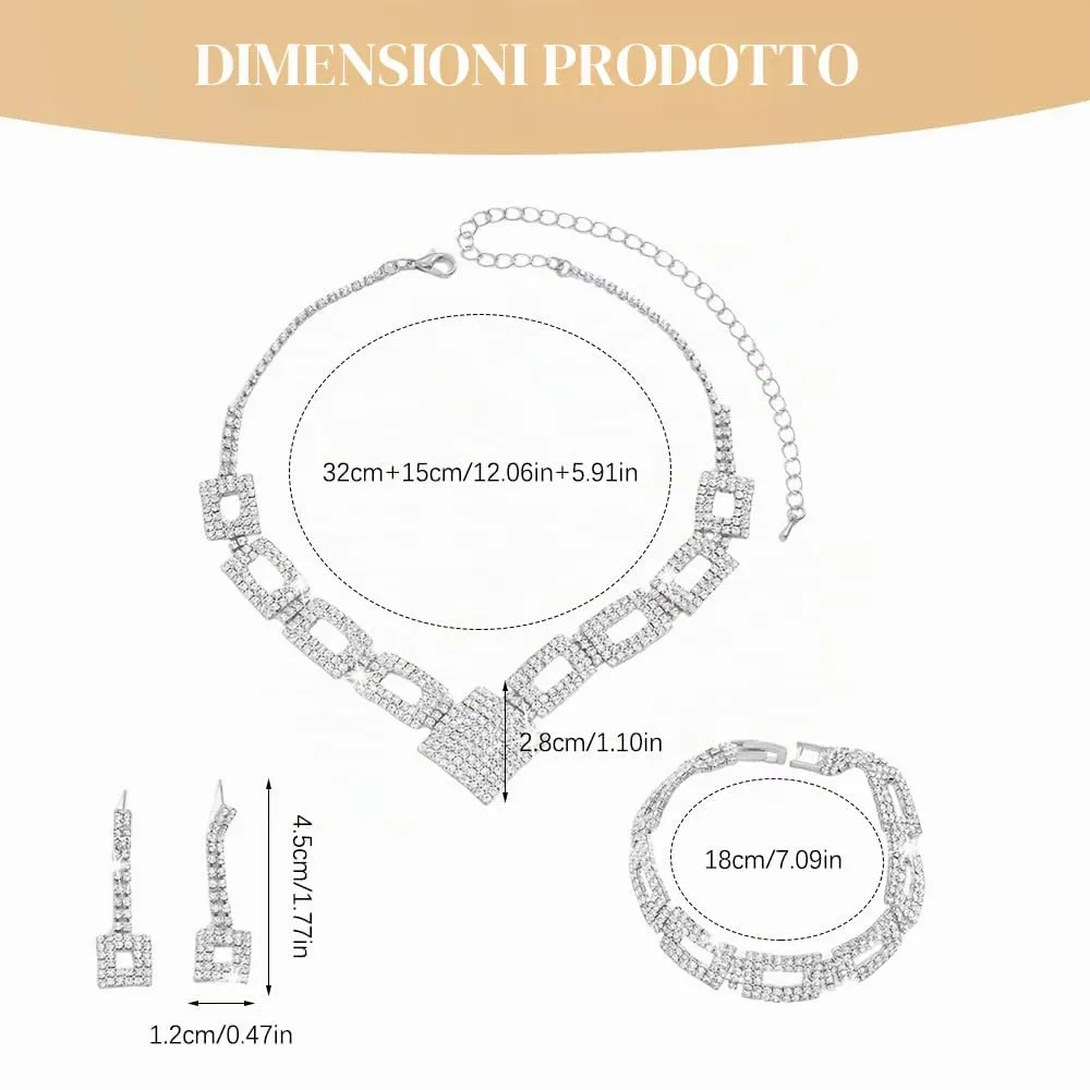 XFSRG Set di Gioielli Donna 3 Pezzi Parure Collana Orecchini e Bracciale Strass Scintillanti Argento Regolabili per Matrimonio e Serate Eleganti (Argento) - immagine 2
