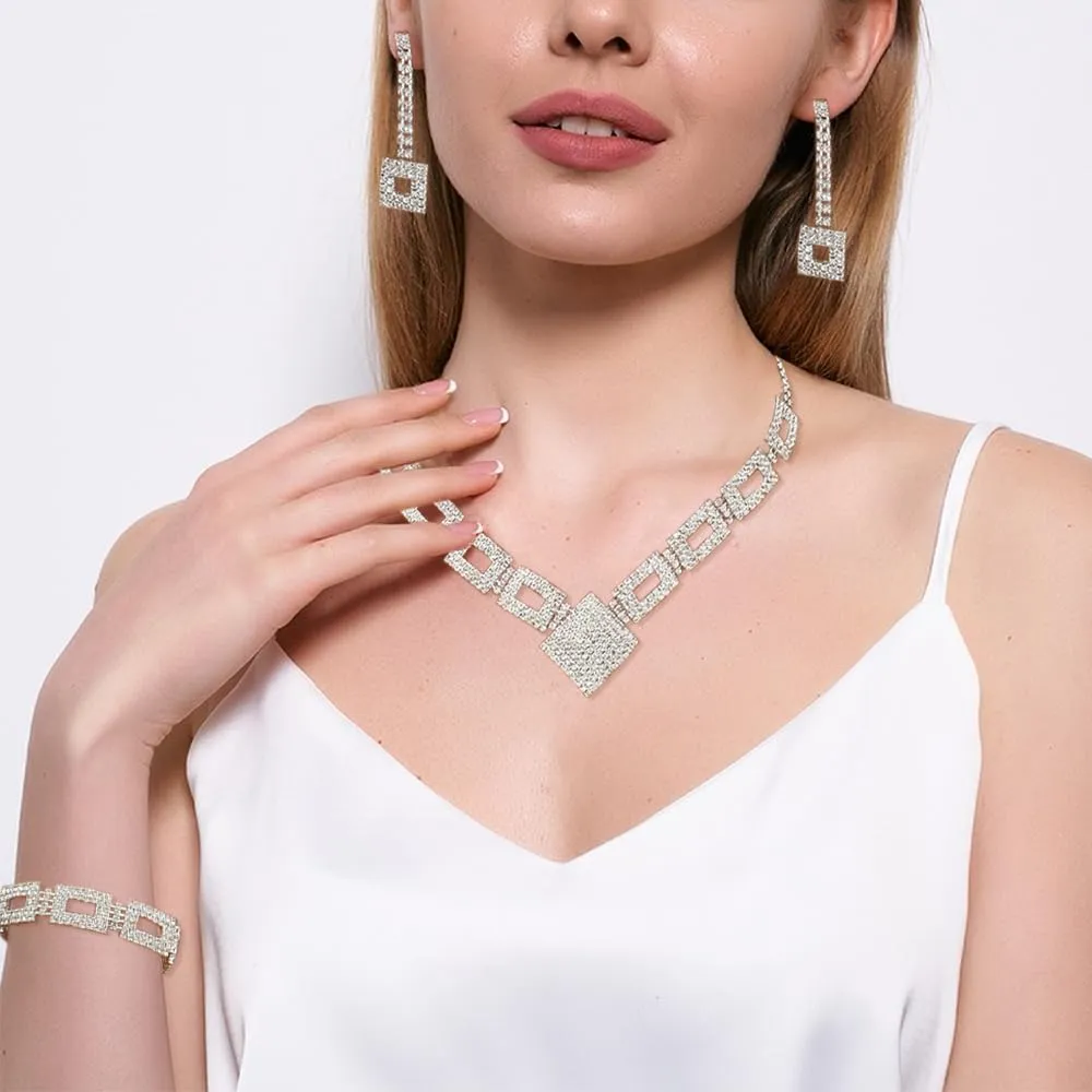XFSRG Set di Gioielli Donna 3 Pezzi Parure Collana Orecchini e Bracciale Strass Scintillanti Argento Regolabili per Matrimonio e Serate Eleganti (Argento) - immagine 6