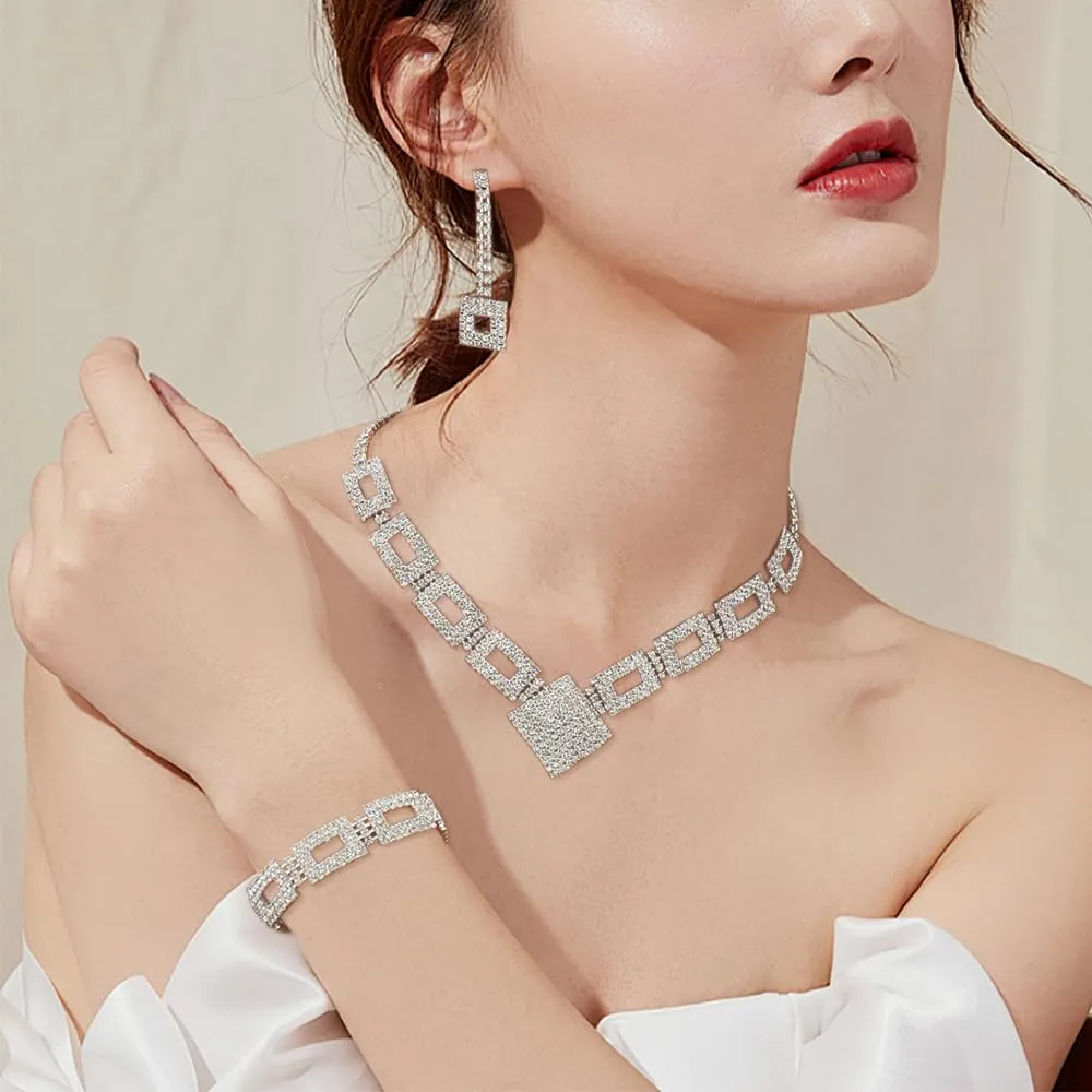 XFSRG Set di Gioielli Donna 3 Pezzi Parure Collana Orecchini e Bracciale Strass Scintillanti Argento Regolabili per Matrimonio e Serate Eleganti (Argento) - immagine 7