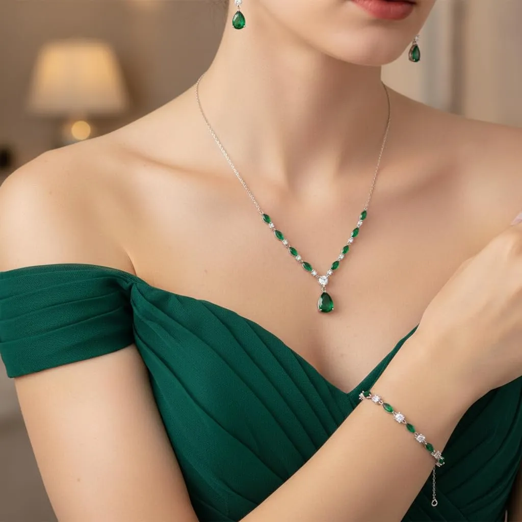 EVER FAITH Set di gioielli in zirconia cubica per sposa, damigella, elegante ciondolo a goccia scintillante, collana, orecchini, bracciale da donna, 17.9", Zirconia cubica, Zirconia cubica - immagine 2