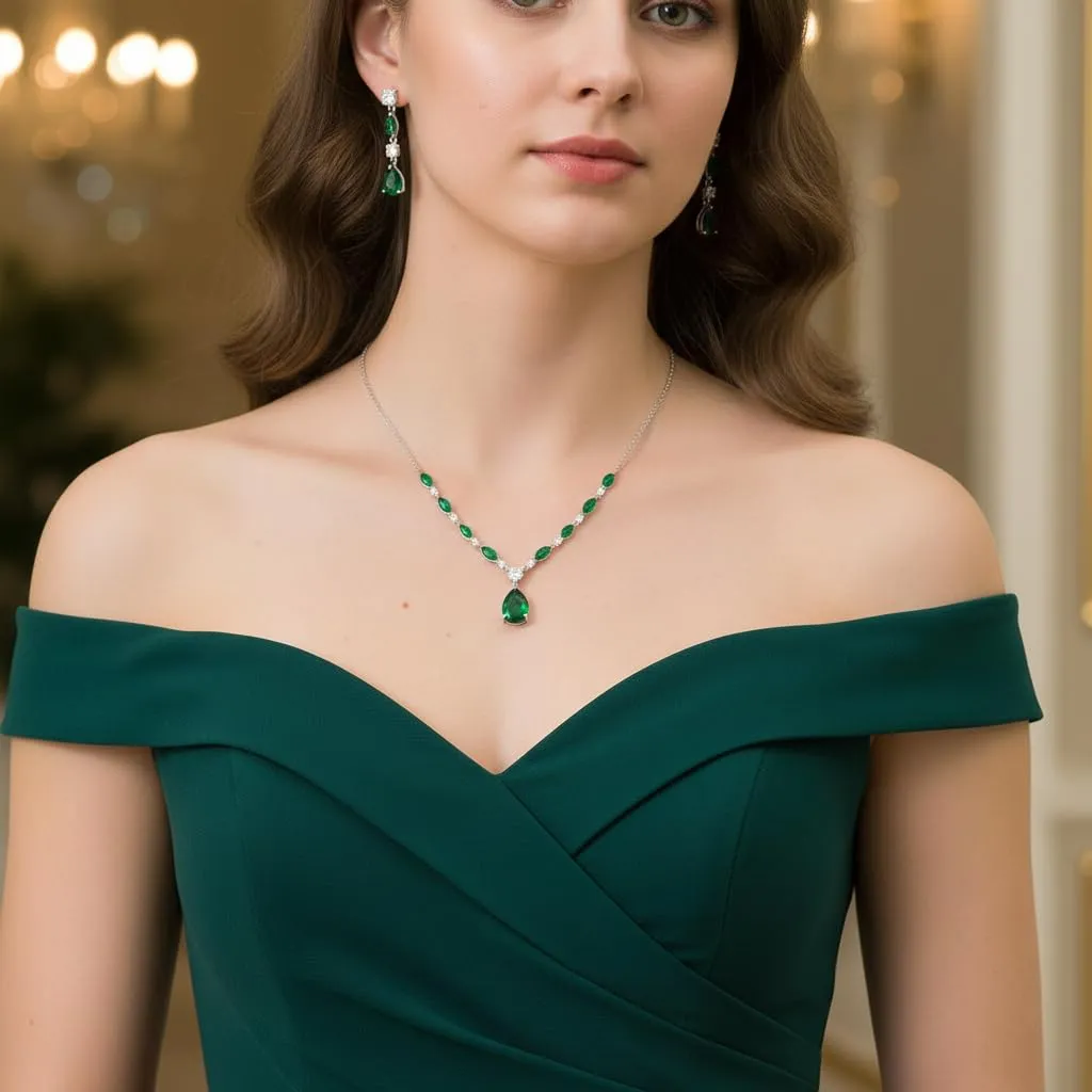 EVER FAITH Set di gioielli in zirconia cubica per sposa, damigella, elegante ciondolo a goccia scintillante, collana, orecchini, bracciale da donna, 17.9", Zirconia cubica, Zirconia cubica - immagine 3