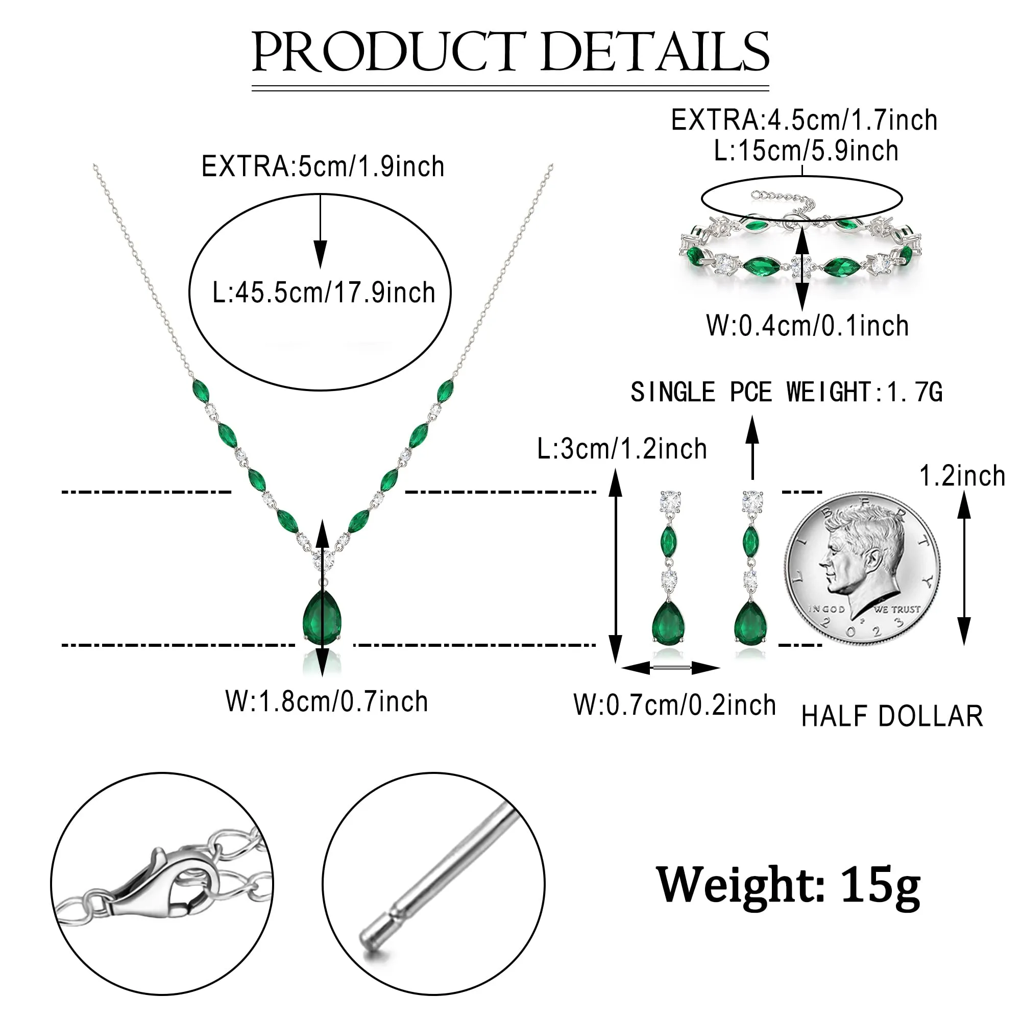 EVER FAITH Set di gioielli in zirconia cubica per sposa, damigella, elegante ciondolo a goccia scintillante, collana, orecchini, bracciale da donna, 17.9", Zirconia cubica, Zirconia cubica - immagine 5