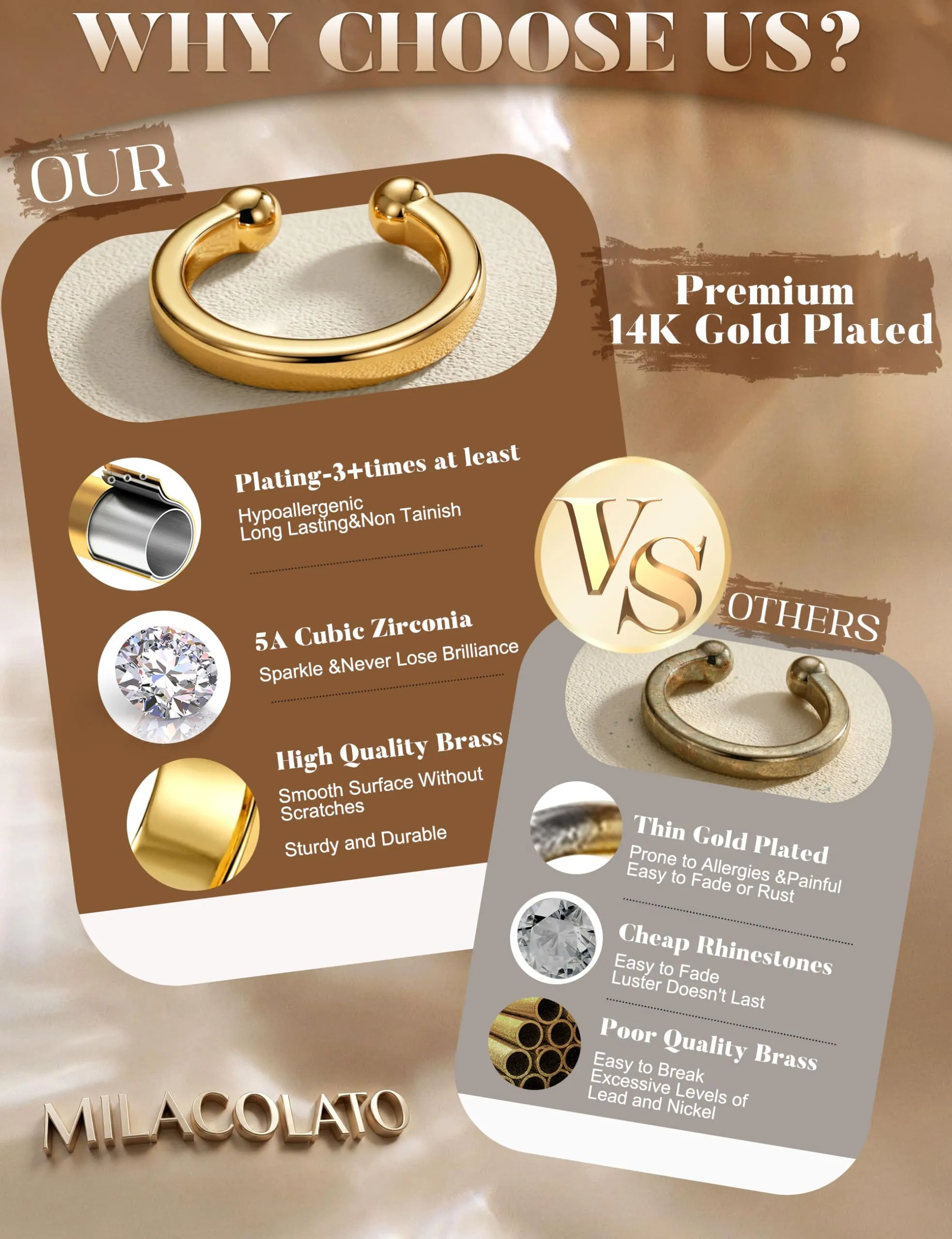 MILACOLATO Ear Cuff Orecchini da Donna Color Oro Orecchini Senza Buco - immagine 4