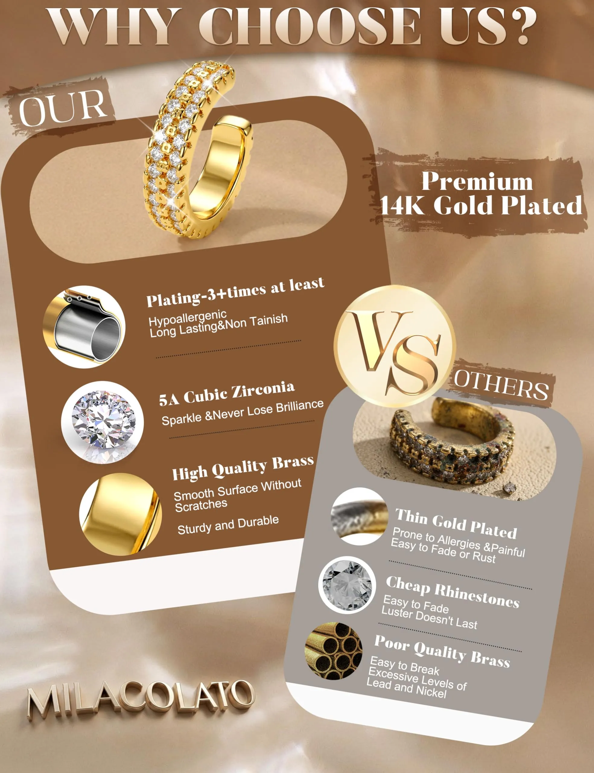 MILACOLATO Ear Cuff Orecchini da Donna Color Oro Orecchini Senza Buco - immagine 4