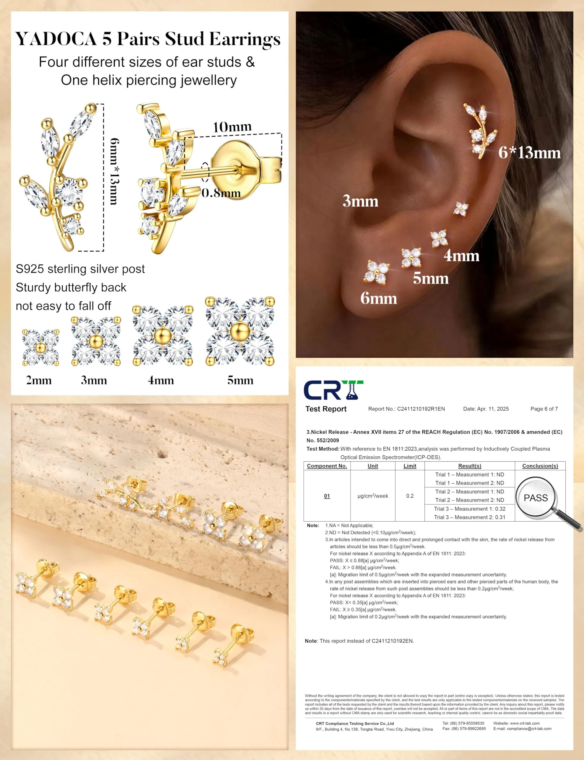 YADOCA 5 Paia Orecchini Donna con Perno in Argento 925, Punto Luce - immagine 6