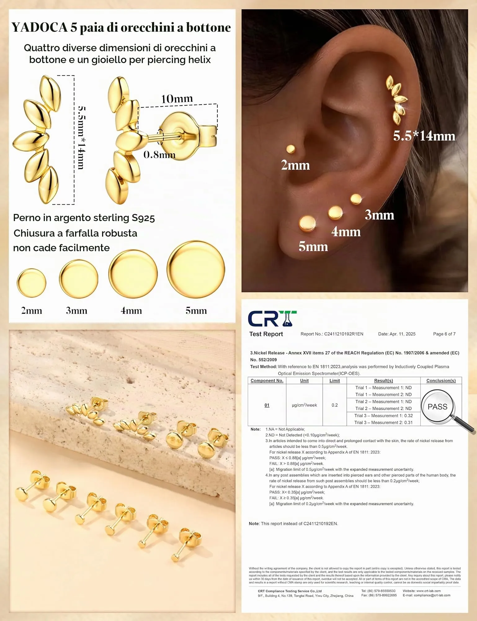 YADOCA 5 Paia Orecchini Donna con Perno in Argento 925, Punto Luce CZ - immagine 6