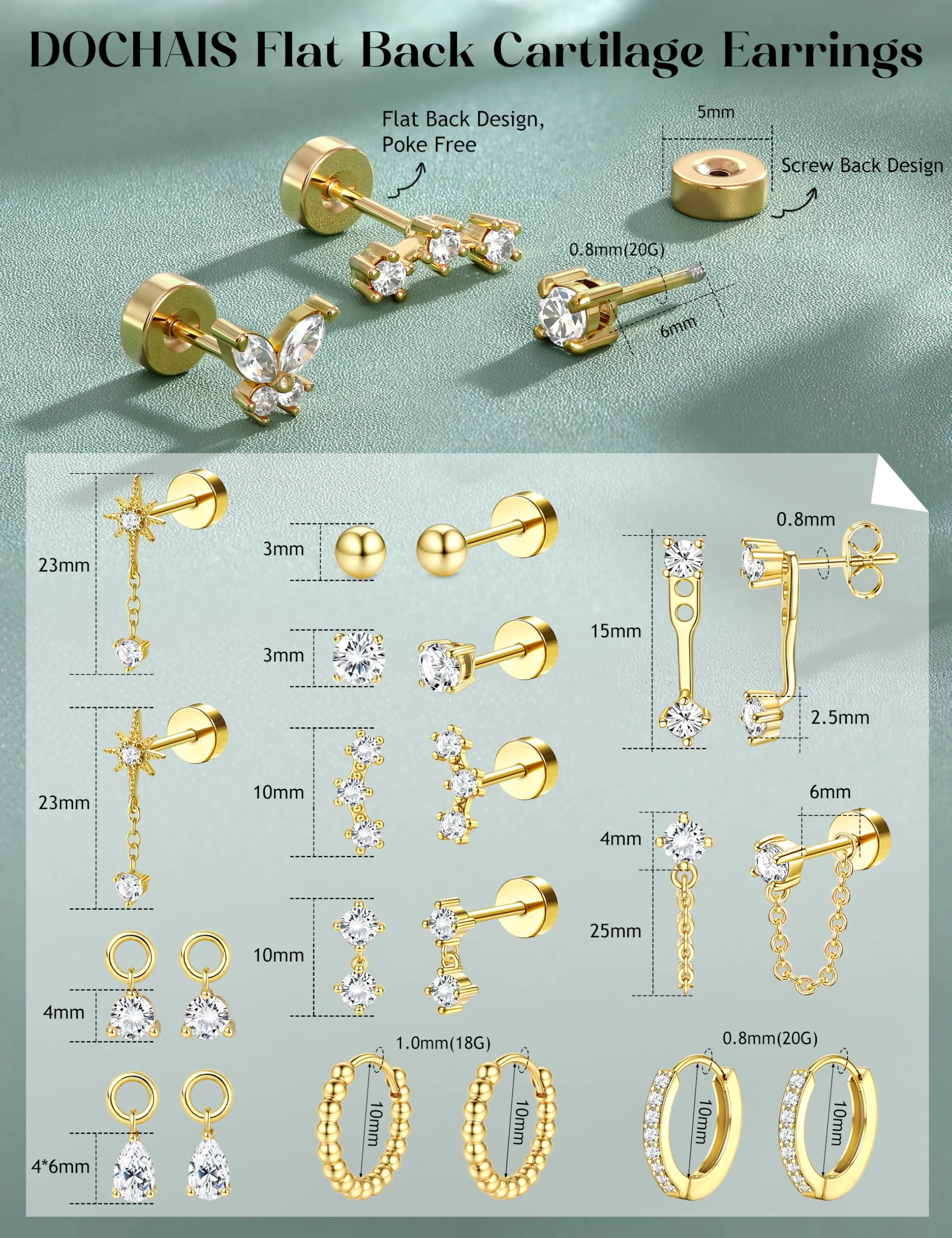 DOCHAIS Set Orecchini Donna Acciaio Inossidabile Piercing Orecchio dorato - immagine 2