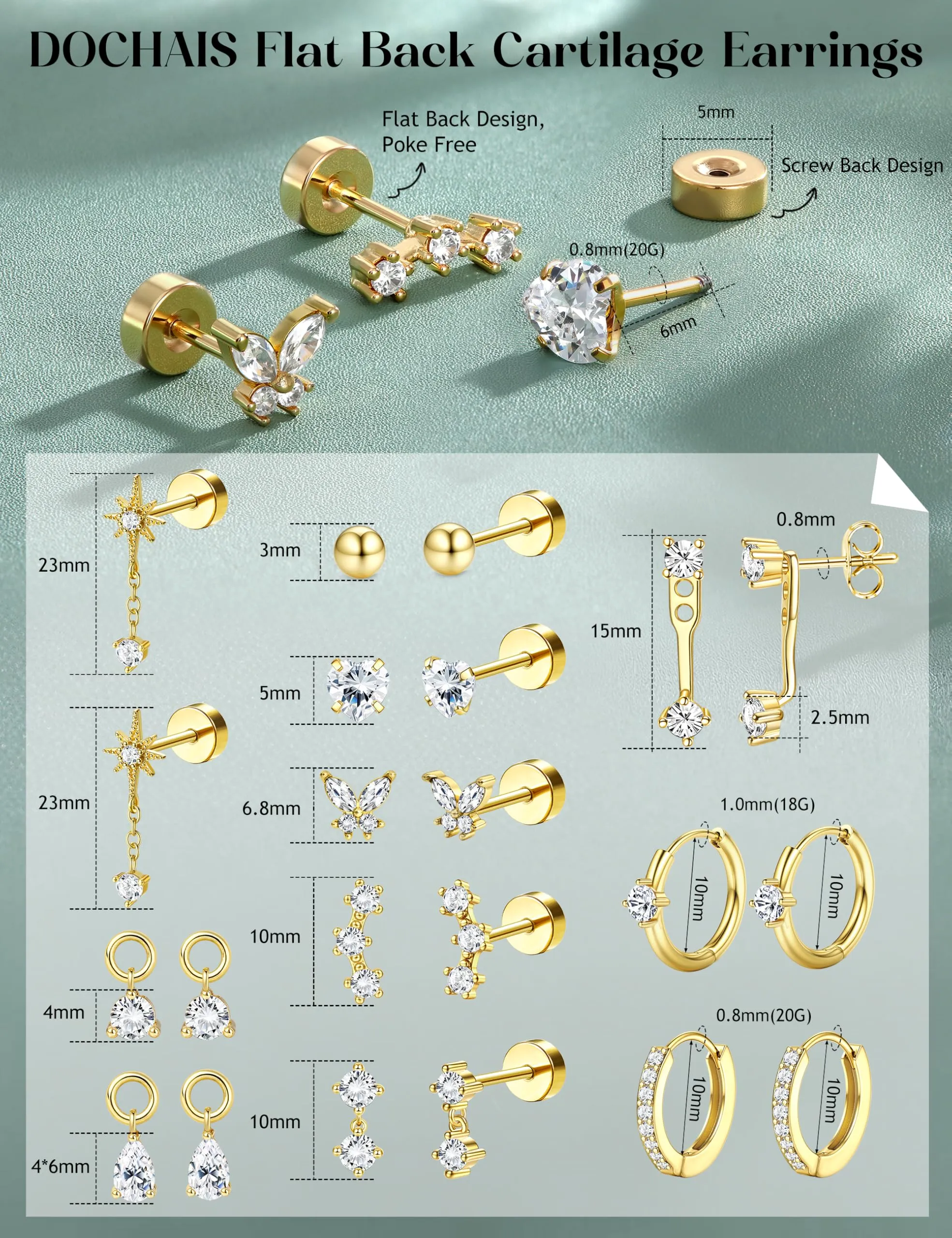 DOCHAIS Set Orecchini Donna Acciaio Inossidabile Piercing Orecchio dorato - immagine 2