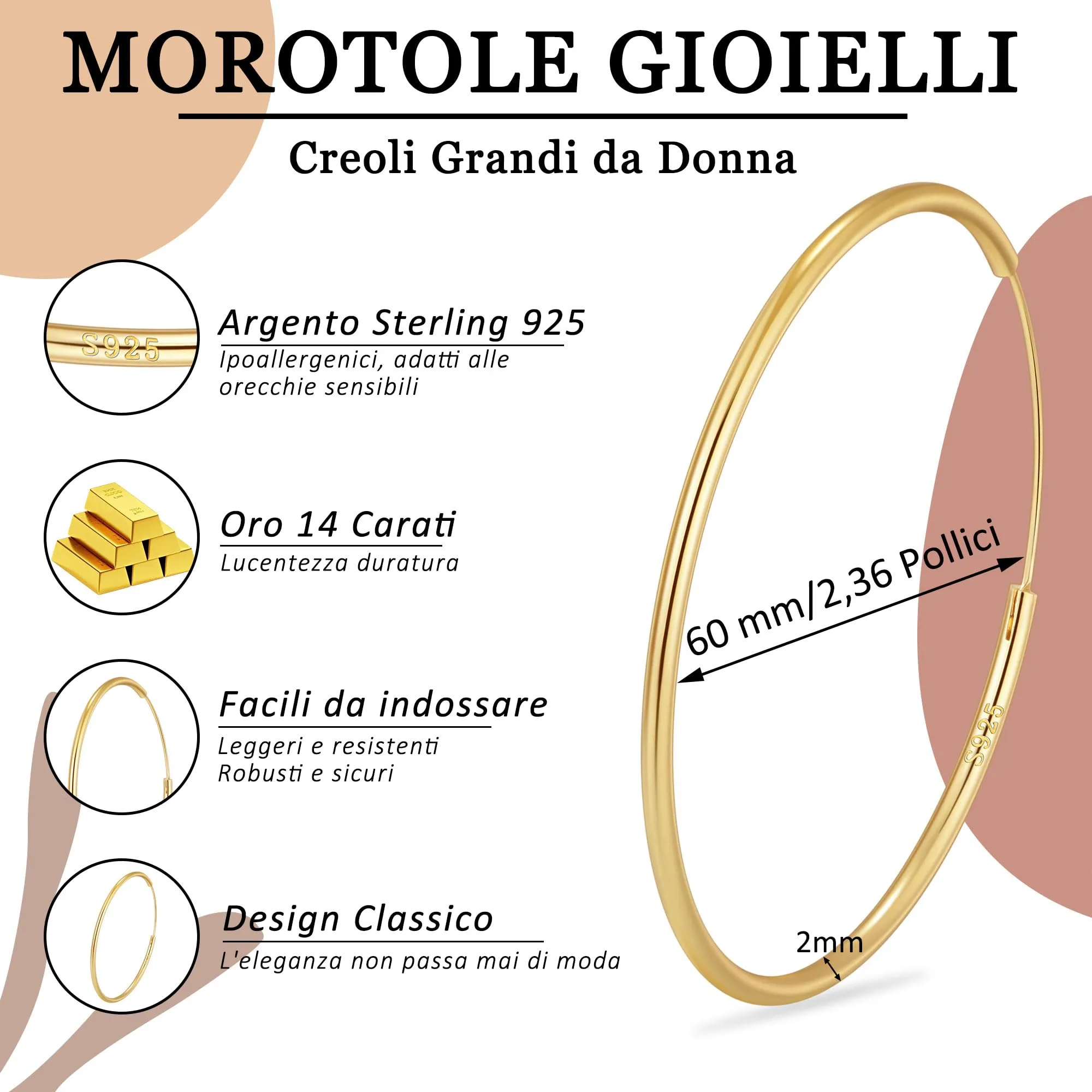 MOROTOLE Orecchini a Cerchio in Oro per Donna Orecchinis Dorati Grandi Orecchini a Cerchio per Donna - immagine 5