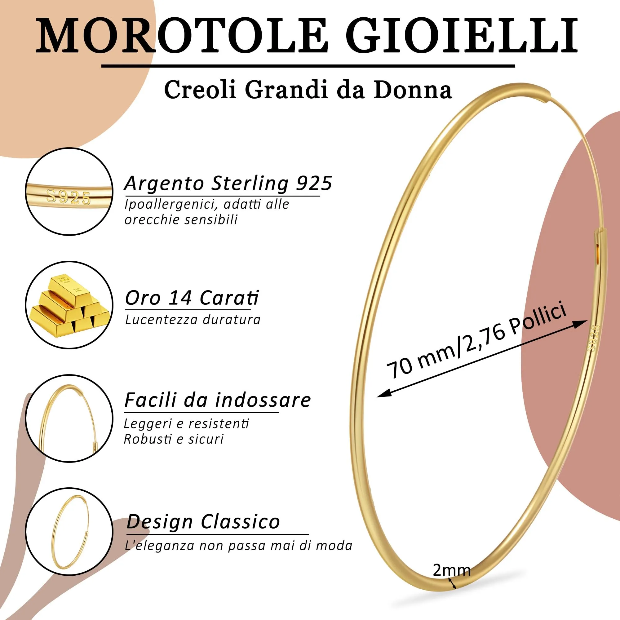 MOROTOLE Orecchini a Cerchio in Oro per Donna Orecchinis Dorati Grandi Orecchini a Cerchio per Donna - immagine 5