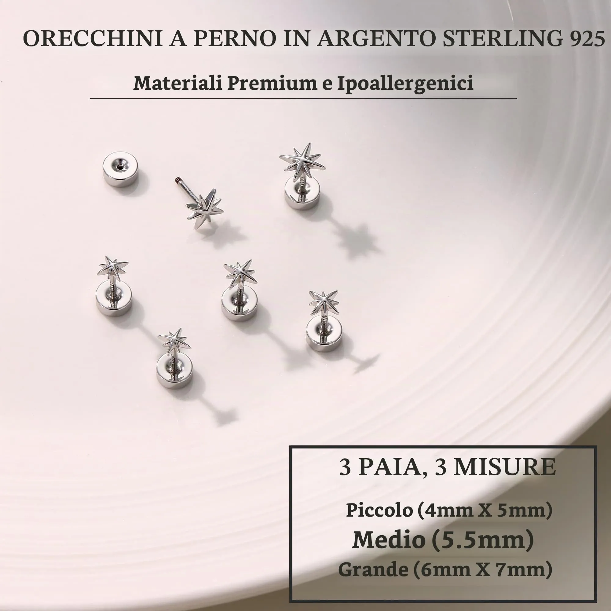 BodyBonita 3 Paia Orecchini Donna con Chiusura Piatta, Orecchini a Bottone con Perni in Argento Sterling 925,Set Orecchini Placcati in Palladio Bianco Color Argento, Stella CZ Piercing Orecchio - immagine 2